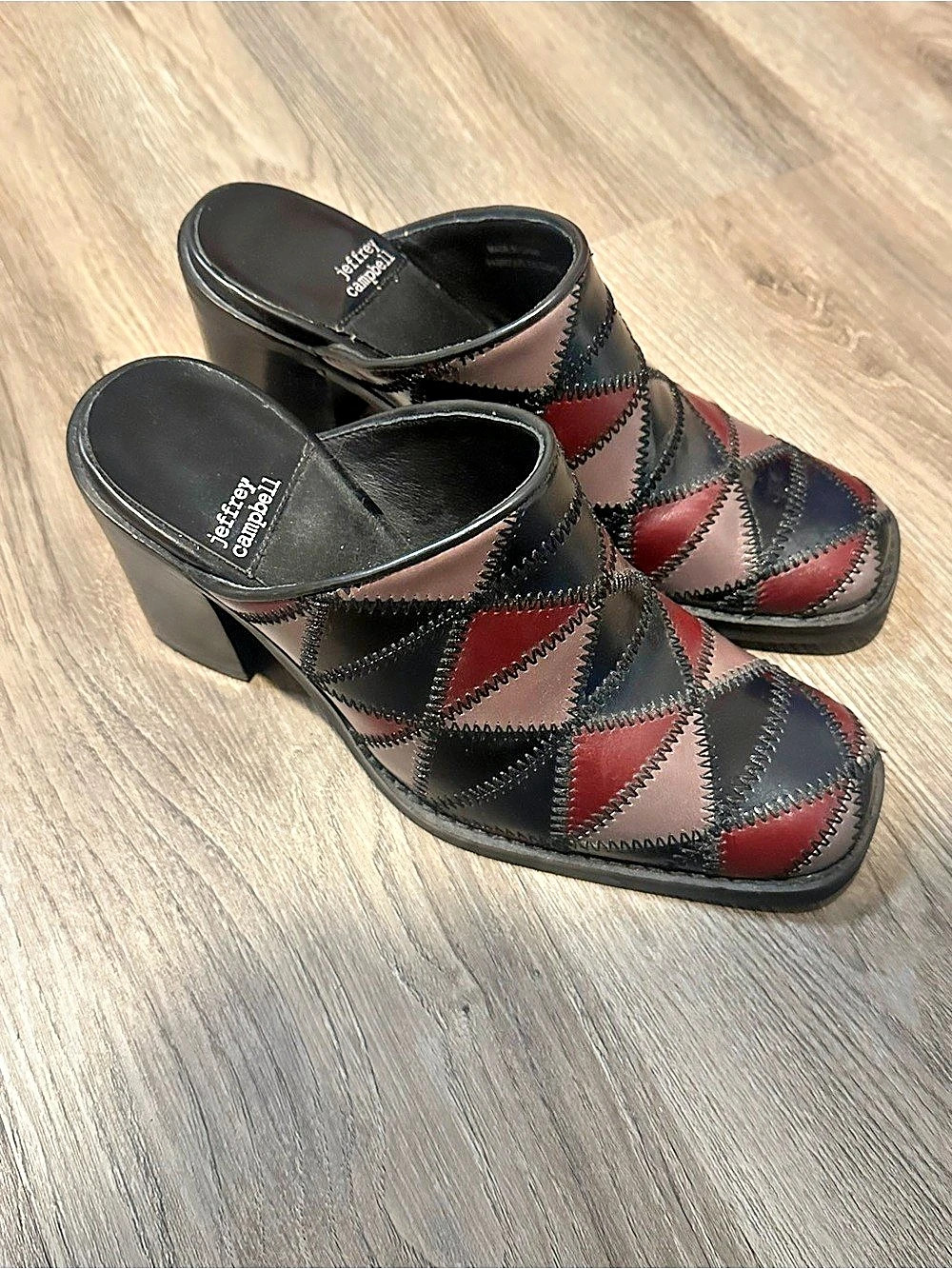Jeffrey Campbell Karma Patchwork Leather Mules Heel Clogs Colorblock Boho Y2K 6.